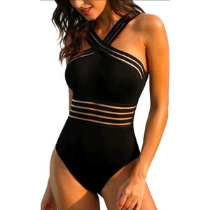 SHEIN Black One-Piece Swimsuit with Strappy Waist and Crossed Halter